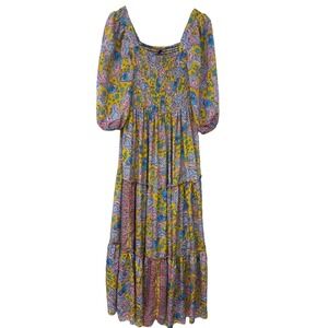 ME 2 MAGIC Anthropologie Bohemian Smocked Maxi Tiered Dress Large Balloon Sleeve